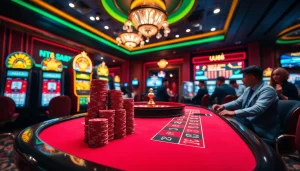 UU88 players enjoying a thrilling game at a luxurious casino table with vibrant poker chips.