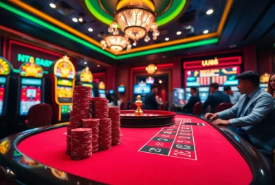 UU88 players enjoying a thrilling game at a luxurious casino table with vibrant poker chips.