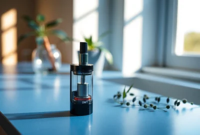 Buy DMT online showcasing a premium vape cartridge with intricate design details.