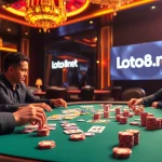 Engage in high-stakes poker at loto188.gb.net, featuring a glamorous casino atmosphere with vibrant lights.