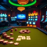 Engage in high-stakes poker at a luxurious casino table showcasing 32win com branding for exciting gameplay decisions.