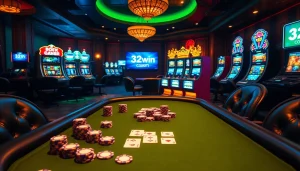 Engage in high-stakes poker at a luxurious casino table showcasing 32win com branding for exciting gameplay decisions.