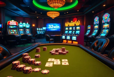 Engage in high-stakes poker at a luxurious casino table showcasing 32win com branding for exciting gameplay decisions.