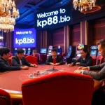 Professional players enjoy poker at a vibrant kp88.bio casino, featuring colorful chips and an intimate atmosphere.