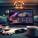 Online gambling interface on 888b.bet showcasing an exciting gaming atmosphere with poker chips and roulette.