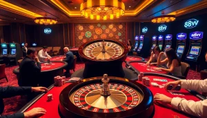 Experience thrilling gameplay at 88vv with luxurious casino tables, vibrant roulette wheel, and colorful poker chips.