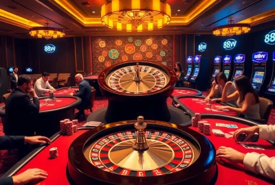 Experience thrilling gameplay at 88vv with luxurious casino tables, vibrant roulette wheel, and colorful poker chips.