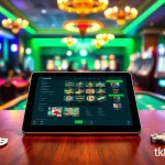 Engaging scene depicting tk88win.live with a modern casino interface on tablet, showcasing online gambling excitement.