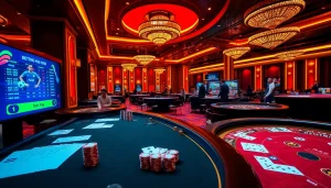 Exciting scene showcasing tỷ lệ bóng đá kèo nhà cái with players betting at a luxurious casino.
